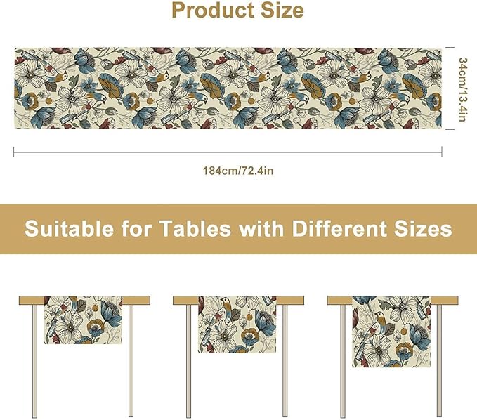 Boho Flower Birds Table Runner,Vintage Floral Aesthetic Art Table Decoration for Kitchen Dining Table Holiday Indoor Outdoor Home Party Decor 13x60in