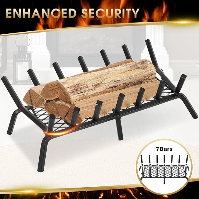 G GOOD GAIN Fireplace Grate with Ember Retainer, 26" Heavy Duty Steel Indoor, Chimney Hearth Wood Stove Rack Holder,1/2 Bar Fire Place Asseccories for Outdoor, Fire Pits, Camping.