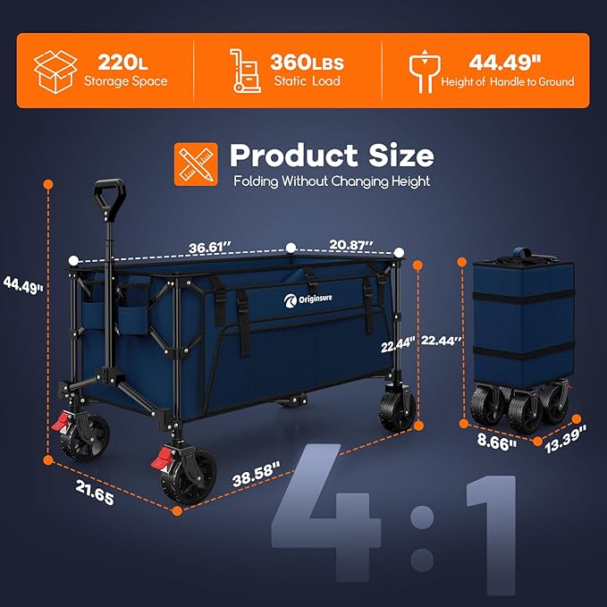 220L Collapsible Wagon Cart Foldable, 38" L Extra Large Heavy Duty Folding Beach Wagons with All-Terrain Wheels, Utility Carts for Camping, Sports, Shopping, Groceries - Blue