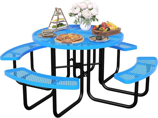 46'' Round Metal Picnic Table for Outdoors, Commercial Steel Metal Picnic Tables, Heavy Duty Sturdy Picnic Tables Furniture Set for Patio Garden Courtyard BBQ, with Umbrella Hole, Blue