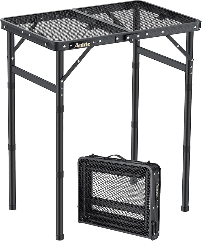 Anbte Folding Grill Table, Aluminum Camping Table Adjustable Height Max 27.5" Picnic Table Outdoor Table, Lightweight, Portable Handle for Travel Cooking BBQ Picnic, 22.8" x 16", Black