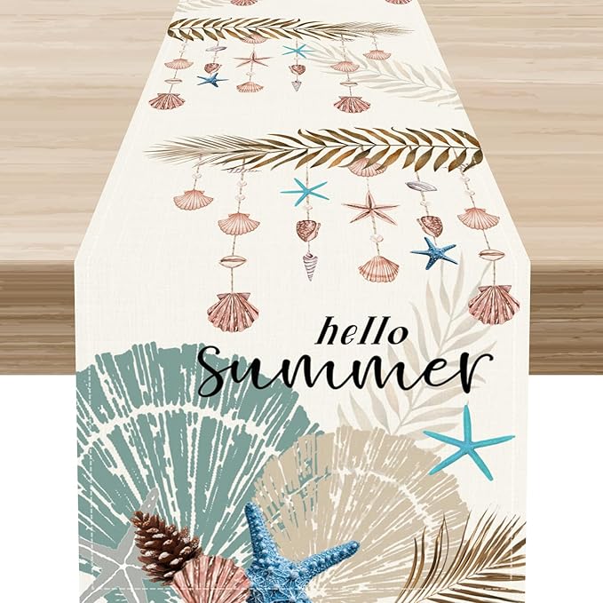 Nautical Coastal Table Runner, Rustic Starfish Seashells Tropical Leave Ocean Beach Hello Summer Farmhouse Coffee Table Center Decor for Home Kitchen Dining Patio Outdoor Table Decorations, 13"x108"
