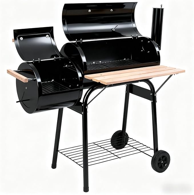 30 Inch Barrel Charcoal Grill & Smoker with Side Fire Box, Outdoor BBQ Grill for Patio Cooking with Front Wood Shelf & Wheels, Black