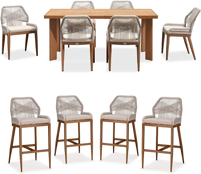 PURPLE LEAF 7 Pieces Dining Set Patio Metal Rectangular Table and Wicker Rattan Chairs for Outside Porch Garden Kitchen Modern Outdoor Furniture Sets with Counter Stools