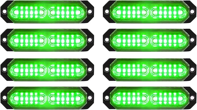 ASPL 8pcs Sync Feature Ultra Slim 12-LED Surface Mount Flashing Strobe Lights for Truck Car Vehicle LED Mini Grille Light Head Emergency Beacon Hazard Warning Lights (Green)