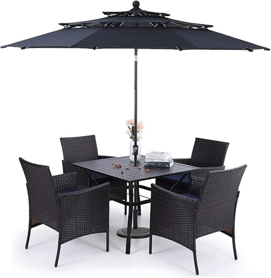 Sophia & William Patio 6 Pieces Dining Set with 4 PE Rattan Chairs, 1 Square Metal Table and 1 10ft 3 Tier Auto-tilt Umbrella Navy, Modern Outdoor Dining Set for Poolside, Porch, Patio, Balcony