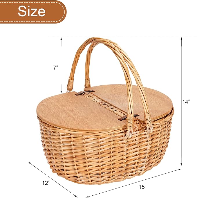 Wicker Picnic Basket with Cooler, Wooden Split Lid Picnic Basket, Vintage-Style Wicker Picnic Hamper with Folding Woven Handle for Picnic, Camping, Outdoor, Valentine Day, Thanks Giving, Birthday