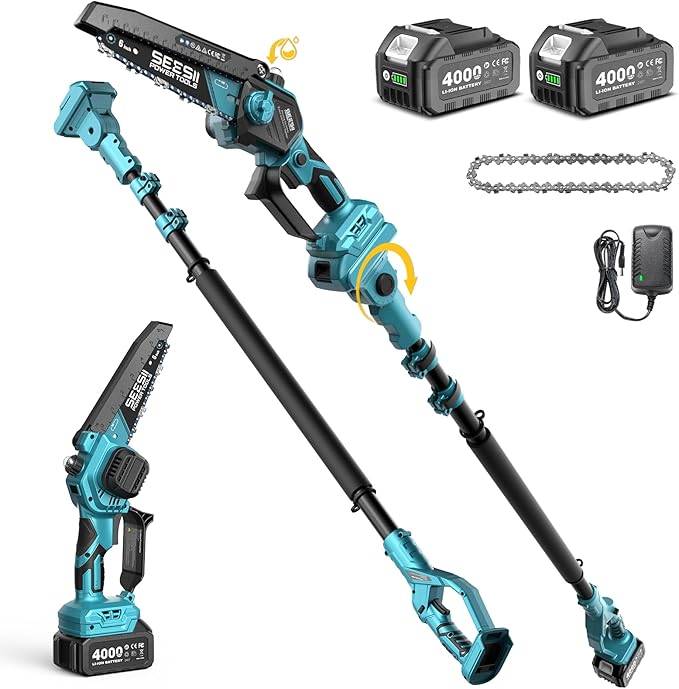 SEESII 2-in-1 Electric Pole Saws: Brushless Mini Chainsaw Cordless 6 Inch, 2 x 4000mAh Batteries, Pole Saw for Tree Trimming,Hand held Chain Saw with Extension Pole for Tree Limb Branch Cutter,P6 Ace