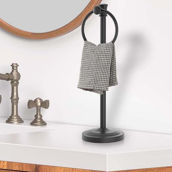 Hoimpro 17 Inch Stand Hand Towel Holder Towel Bar Towel Hanging Ring, Free Standing Floor Hand Towel Rack Storage for Bathroom Kitchen Vanity Countertops, Hardware Accessories(Matte Black)