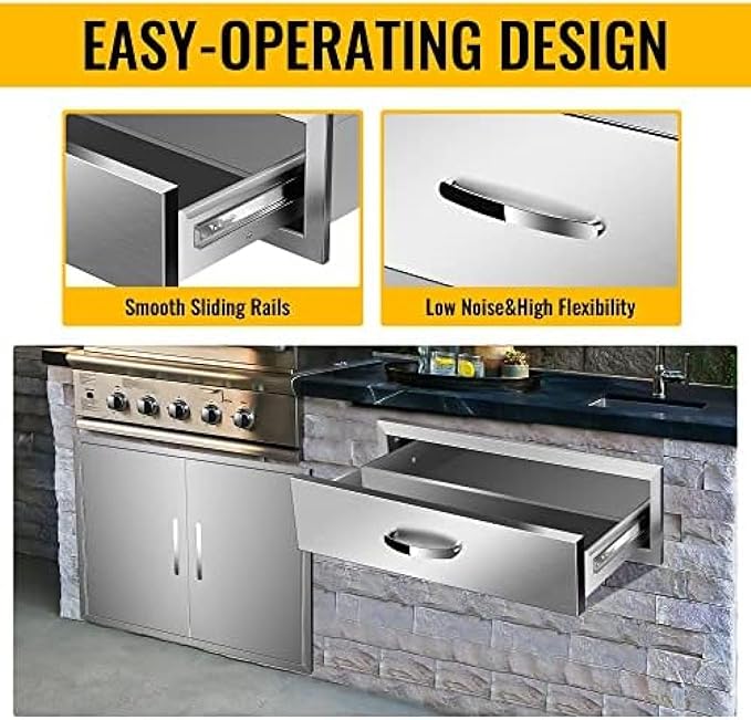 BBQ Outdoor Kitchen Drawers Stainless Steel 3-Drawer BBQ Drawer Enclosed Built-in Drawer Flush Mount for Outdoor Kitchens & BBQ Islands,30Wx23Dx6.5H