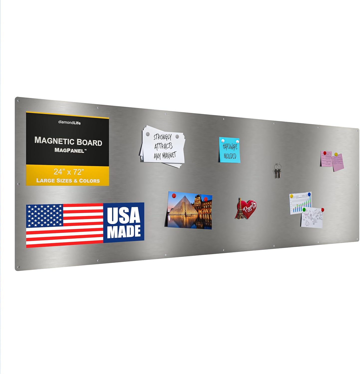 Diamond Life Magnetic Board - Memo & Vision Board for Home, Office, and Classroom - Magnet Board for Kids - Pre-drilled Mounting Screws Included (Silver 24"x72")