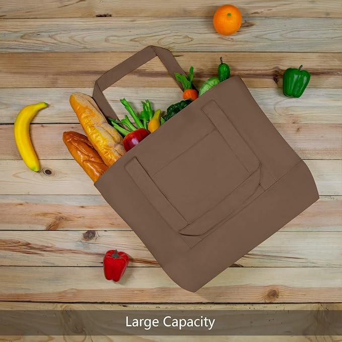 TOPDesign 6-Pack Canvas Tote Bags with an External Pocket, Reusable Grocery Shopping Bags, Top Zipper Closure, Daily Essentials (Brown)