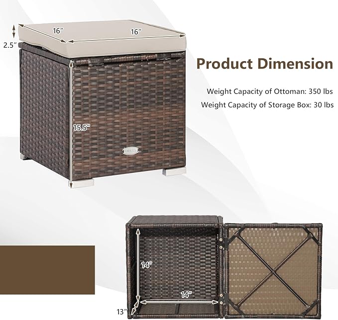 Tangkula 2 Pieces Patio Ottomans, Patiojoy Hand-Woven PE Rattan Side Table with Removable Cushion & Hidden Storage Space, Multifunctional Storage Box, Seat for Patio, Backyard, Poolside (Beige)