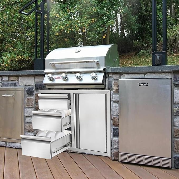 Outdoor Kitchen Drawer Combo Cabinet, Stainless Steel Triple Drawers with Integrated Access Door, 28" W x 22" H x 19.5" D Outdoor Built-in Cabinet for BBQ Island Grill Stations