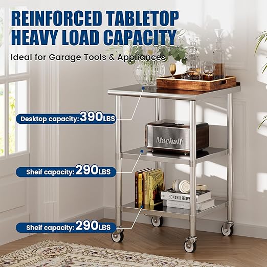 Stainless Steel Work Table with Wheels, 24x24 Inch NSF Food Prep Table with Backsplash & 2 Adjustable Undershelves for Commercial Kitchen, Restaurant, Garage