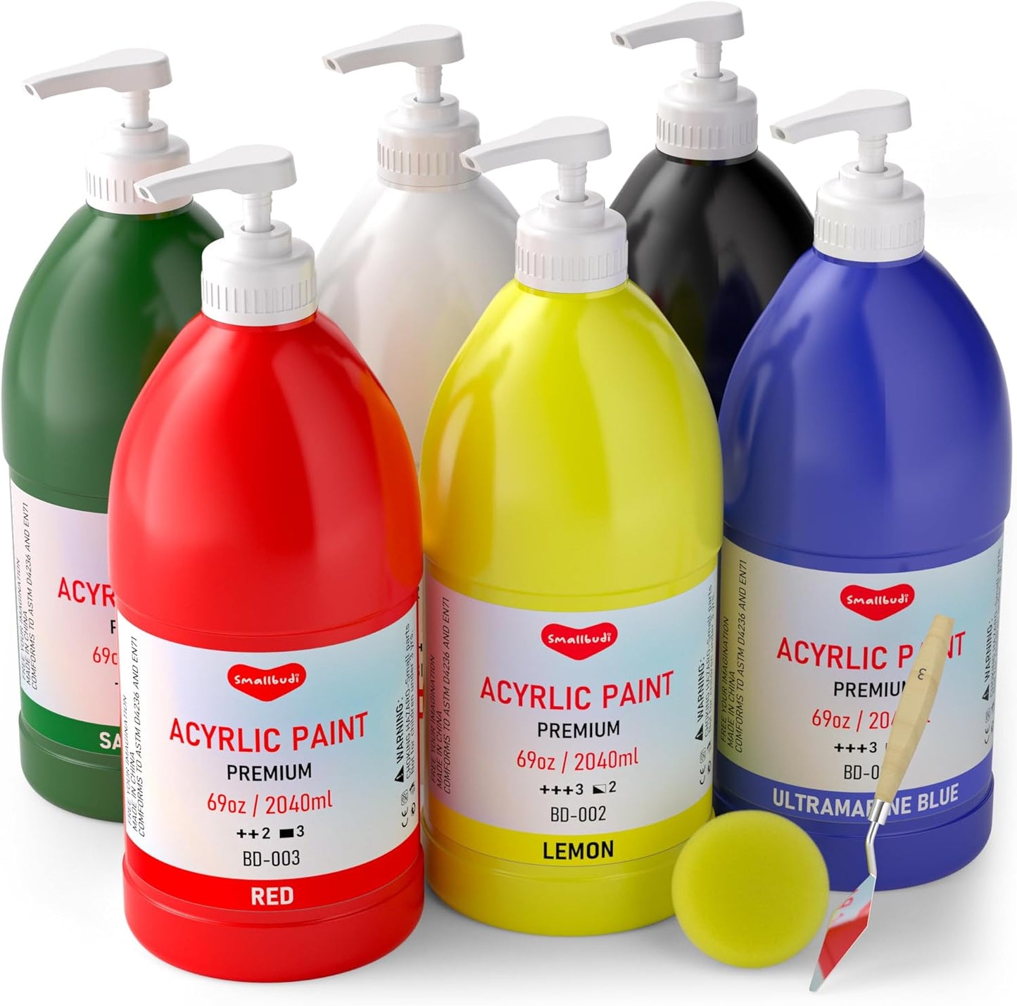 6 Colors Large Acrylic Paint Set (69 oz,2040 ml) Art Painting Bulk Supplies for Multi Surface Canvas Wood Leather Fabric Rock Craft, Non Toxic Paint for Kid & Adult with Pump