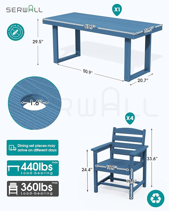 SERWALL HDPE Outdoor Dining Set for 4, 67'' All Weather Patio Dining Table and Chairs Set for Deck, Lawn, Blue