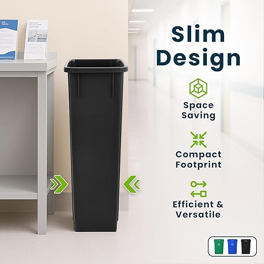 Alpine 23 Gallon Slim Recycling & Trash Bin Set – 3-Pack Blue/Black/Green Plastic Narrow Open-Top Garbage Cans for Office, Home, School & Commercial Use