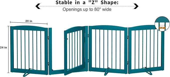 Freestanding Dog Gate with Door, Pet Gate for Stairs, 80 inch Wide Pet Barrier Indoor, Dog Fences Indoor, Support Feet Included, 4 Panels, 24" Tall, Blue