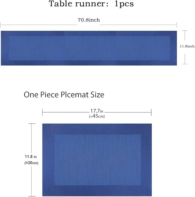 Vinyl Placemats Set of 6 Vinyl Heat-Resistant Table Mats with Matching a Same-Style 72 inches Table Runner(7pcs,Blue)