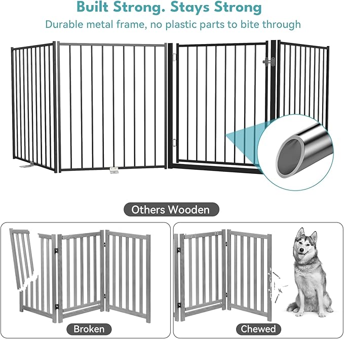 No Pawblems Free Standing Dog Gate with Door, 36'' Tall Foldable Dog Fence for Indoor & Outdoor, Up to 156 Inch Extra Wide Puppy Gate for Stairs, Hallways, Doorways, Deck, Yard (Black, 6 Panels)