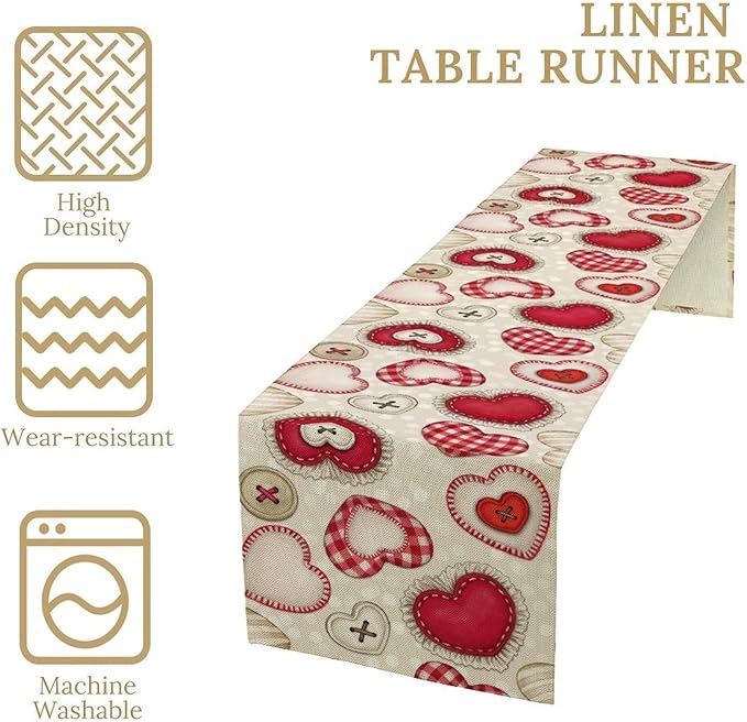 Red Heart Table Runner,Retro Rustic Beige Heart Buttons Polka Dot Valentines Decorations Decor for Family Kitchen and Living Room Outdoor Farmhouse Party Table Decorations, 13"x36"