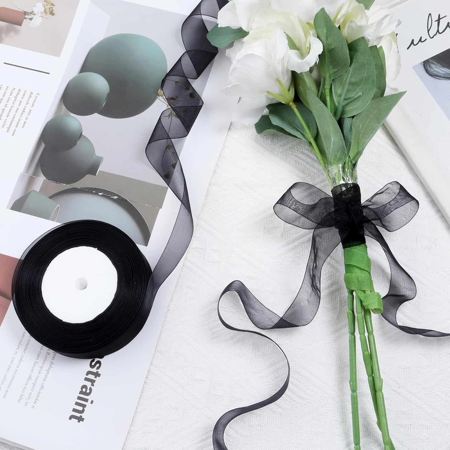 Ribbon for Gift Wrapping 3/4 inch Black Sheer Organza Ribbon for Flower Bouquet Tulle Thin Chiffon Ribbons for Wedding Invitations Christmas Halloween Presents Decorations Crafts 50 Yards