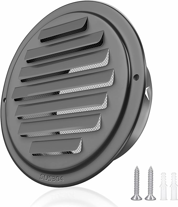 6inch 304 Stainless Steel Air Vents, Louvered Grille Cover Vent Hood Flat Ducting Ventilation Air Vent Wall Air Outlet with Fly Screen Mesh for House (6 inch Black Paint Cover （150mm）)