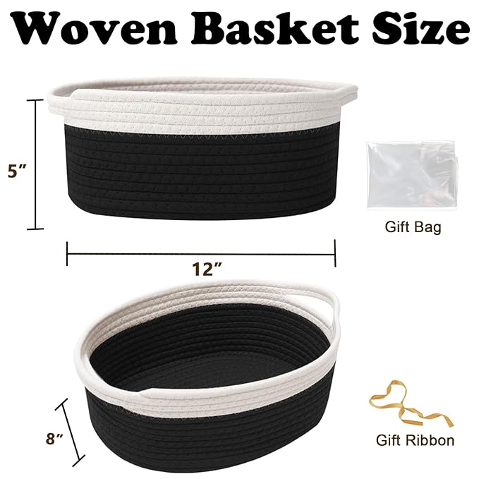 Gift Basket with Gift Bag and Ribbons,Small Rope Woven Shelf Storage,Baskets for Gifts Empty,Birthday,Baby Shower,Decorative Organizer Box with Handles(White&Black)