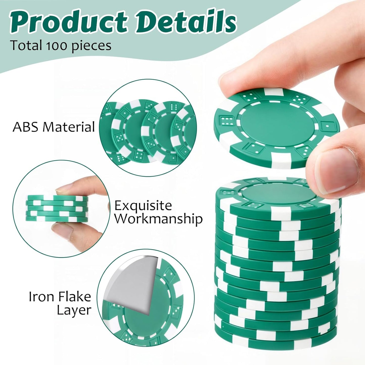 100 Pcs 11.5 Gram Poker Chips ABS Monte Carlo, 40 mm Bingo Chips Tokens Markers Blank Counting Bulk for Blackjack, and Card Night Poker Games