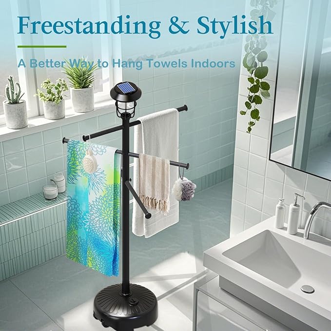 Sturdy & Solar-Powered Pool Towel Rack Outdoor - Adjustable Towel Racks with Wheels & Lights for Backyards