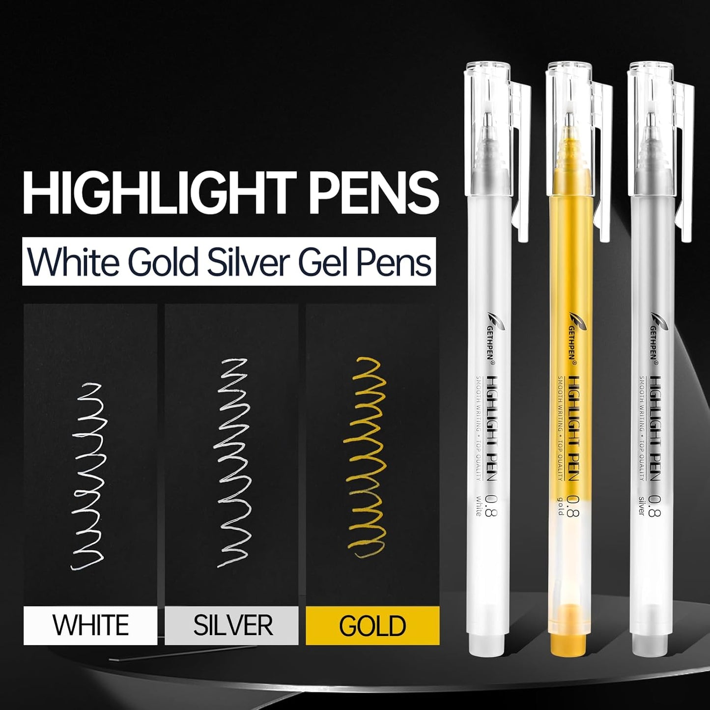3 Colors 0.8mm Extra Fine Point 6-Pack Gel Pen Set – White, Gold & Silver Gel Ink Pens for Artists Drawing on Black Paper, Sketching, Bullet Journaling & Crafting