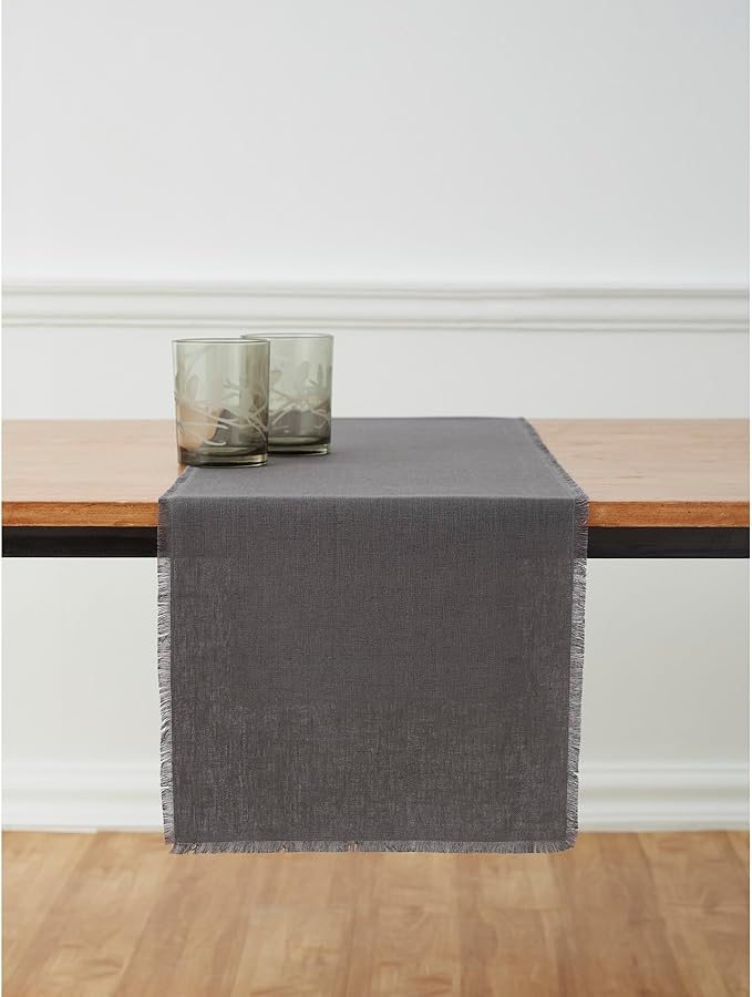 Solino Home Linen Charcoal Table Runner 108 Inches Long - Fringe, 100% Pure Linen Dining Table Runner 14 x 108 Inch for Winter, Spring - Handcrafted and Machine Washable