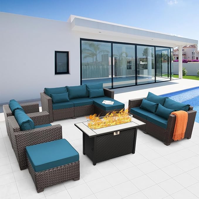 Patio Furniture Set 7 PCS Outdoor Patio Furniture with Propane Fire Pit Table Outdoor Couch Patio Chairs Outdoor Conversation Set with Peacock Blue Non-slip Cushions and Waterproof Covers