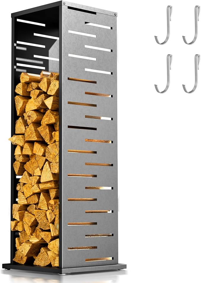 4ft Firewood Rack with Louver Pattern, Fire Wood Rack Log Holder with Hooks Adjustable Feet, Firewood Storage for Outdoor Indoor Fire Pits Fireplace Patio Balcony Black