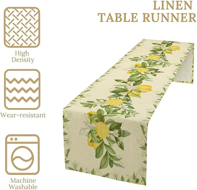Summer Lemon Table Runner, Spring Blooming Lemon Tree Branches Bouquets Yellow Green Leaves Table Runner for Farmhouse Home Dining Kitchen Table Party Decor, 13x36inch