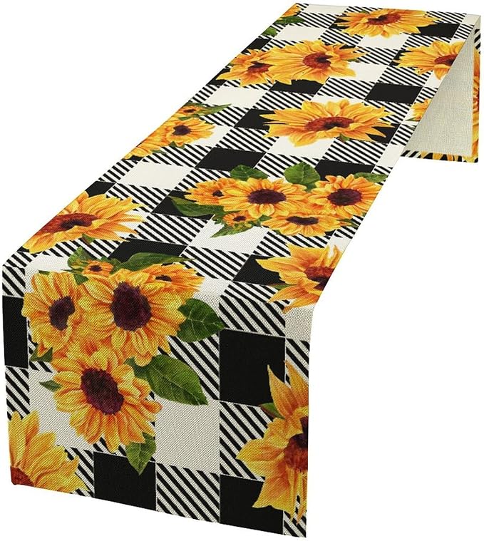 Yellow Sunflower Table Runner, Vintage Farmhouse Black White Sunshine Sunflowers Print for Autumn Farmhouse Home Kitchen Table Decoration,13x60inch