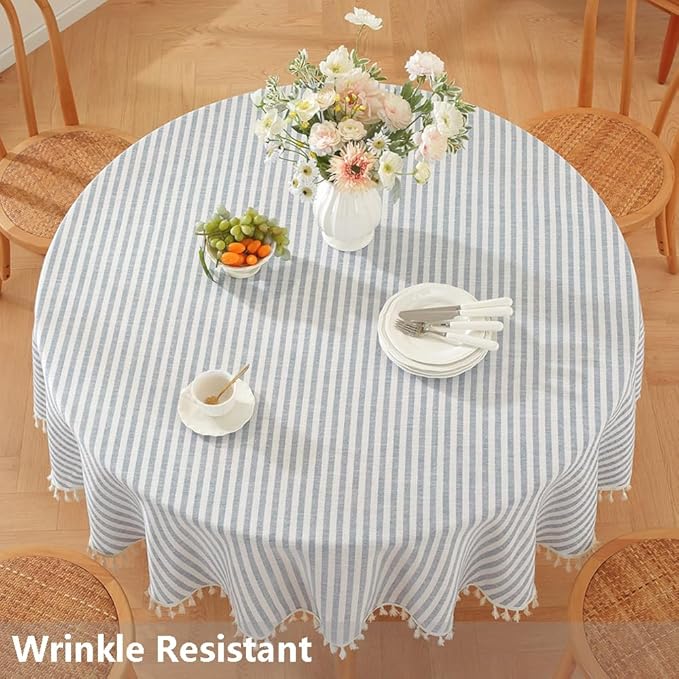 TruDelve 60 Inch Round Tablecloth Blue and White Striped Cloth Tablecloths Circle Fabric Outdoor Tablecloths for Round Tables (Blue,60",Round)