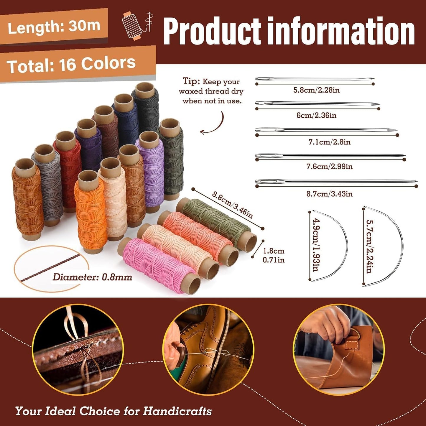 0.8 mm Leather Sewing Thread, 16 Colors 32 Yards Waxed Thread, Round Waxed Thread,Wax String for Bracelet Making, Sewing Stitching, Braiding, Beading, Bookbinding