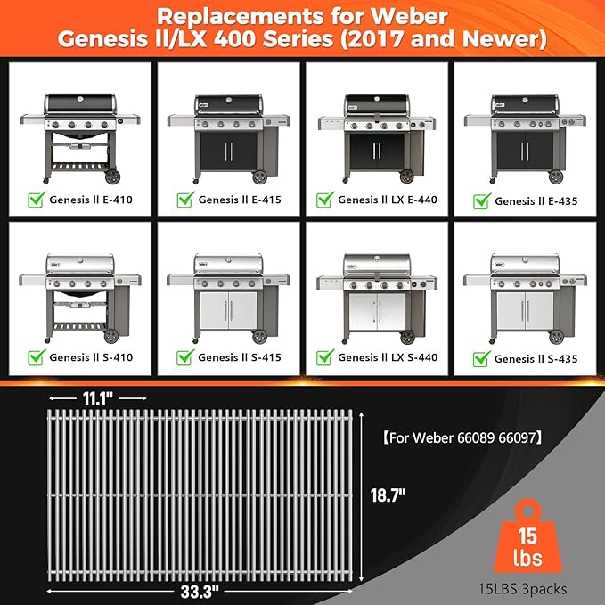QuliMetal SUS304 9MM Grill Grates for Weber Genesis II E-410/E-415/E-435, Grill Parts for Genesis II/LX E-440 Series Gas Grills, 304 Stainless Steel Grill Grates Parts for Weber GS4 66089 66097