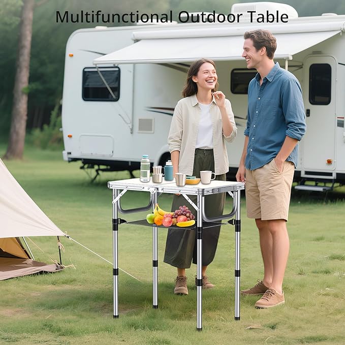 Anbte Folding Camping Table, Aluminum 24" x 16" Adjustable Height Small Folding Table with Carrying Handle, Lightweight, Portable Camping Table Waterproof for Outdoor Indoor Picnic Beach BBQ, Silver