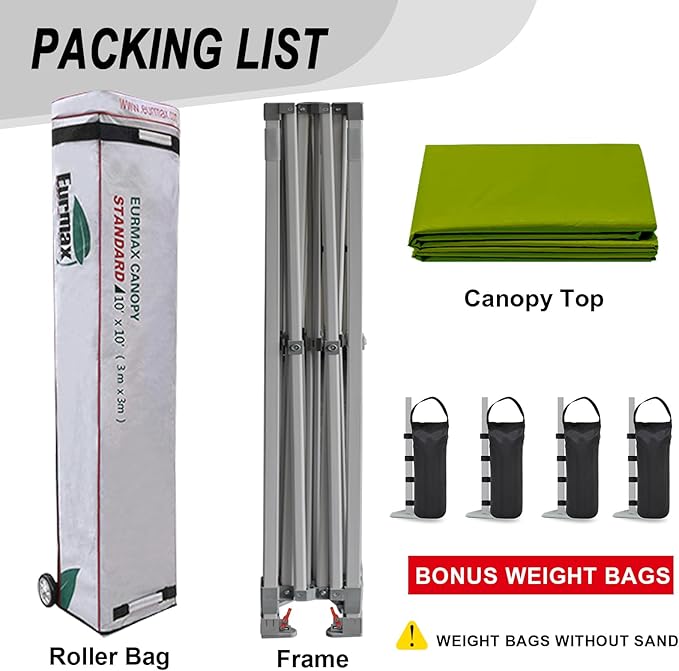 Eurmax USA Standard 10x10ft Patio Pop Up Canopy Tent for Outdoor Events Commercial Instant Canopies with Heavy Duty Roller Bag,Bonus 4 Canopy Sand Bags(Field Green)