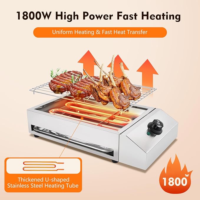 1800W Electric Griddle Flat Top Grill Hot Plate BBQ, Commercial and Home use Stainless Steel Barbecue Griddle Smokeless Cooking Barbecue with Adjustable Temperature for Indoor/Outdoor, Camping