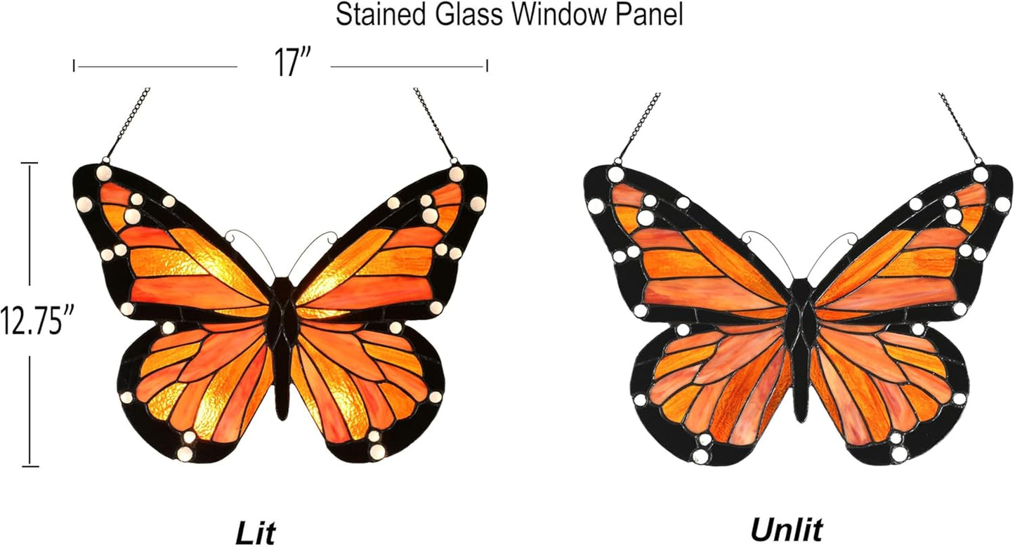 PA0007 Butterfly Stained Glass Hanging Panel 17" Wx12.75 H,Handmade Suncatcher Tiffany Style Window Ornament Home Hanging Decorations
