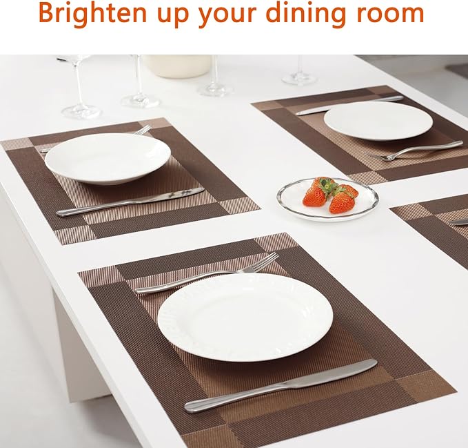 Placemats Set of 8 Washable&Wipeable Place mats for Dining Table Kitchen Indoor Outdoor Table Mats Heat Resistant Non Slip Woven Vinyl Table Placemats (Brown，8PCS)