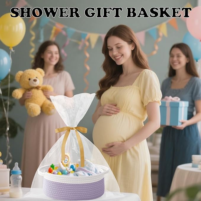 Gift Basket with Gift Bag and Ribbons,Small Rope Woven Shelf Storage,Baskets for Gifts Empty,Birthday,Baby Shower,Decorative Organizer Box with Handles(White&Purple)