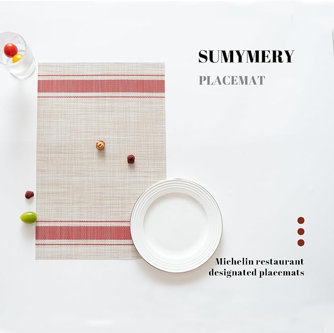 Placemats Set of 12 Vinyl/Plastic Woven Place Mats for Kitchen Table Indoor/Outdoor Washable Placemat Wipeable Dining Table Mats (Khaki Red,12)