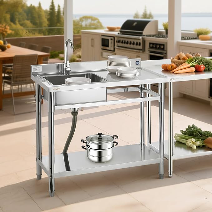 VEVOR Stainless Steel Utility Sink, Free Standing Single Bowl Commercial Kitchen Sink with Faucet, 39.4 x 19.7 x 37 in, Utility Right Basin with Hot & Cold Water Pipe for Garage, Restaurant, Laundry