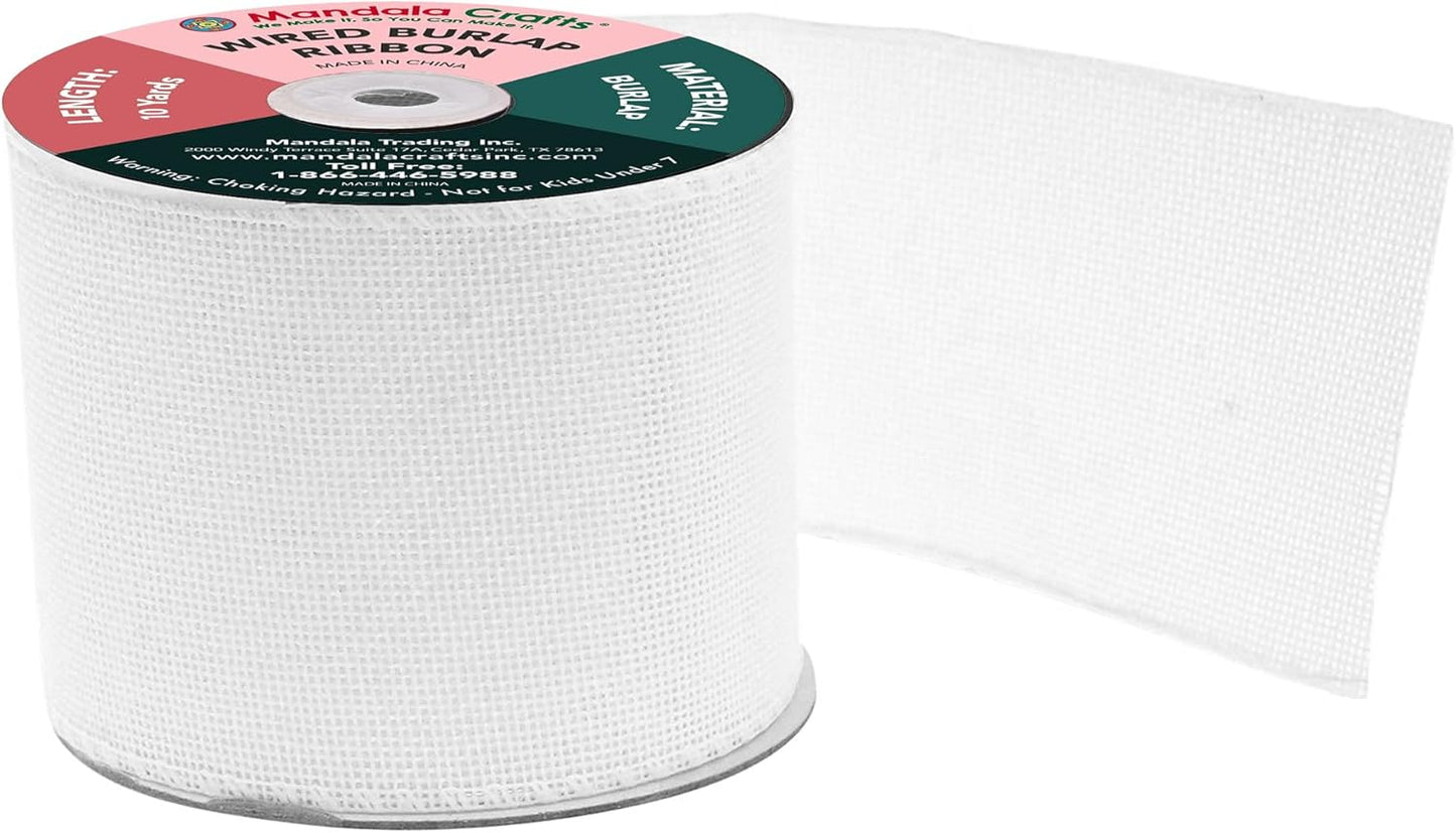 Mandala Crafts White Burlap Wired Ribbon 3 Inches Wide Jute Ribbons for Crafts - 10 Yds Roll Rustic Burlap Wrap Trim Ribbons for Wreaths Bows Party Decoration