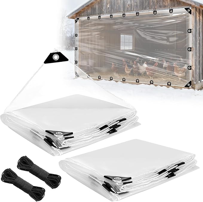 10x13ft Anti-Tear Clear Tarp Waterproof for Patio Winterizing - 2pcs Windproof Poly Tarpaulin, Heavy Duty Transparent Enclosure with Grommets for Covering Chicken Coops Greenhouse Garden Plants